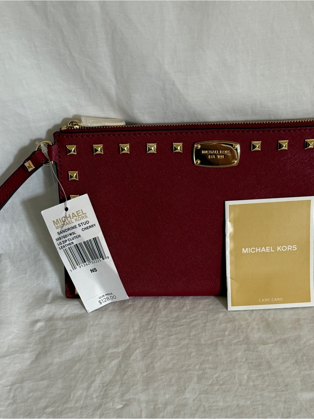 Michael Kors Cherry Red Studded Leather Wristlet Clutch